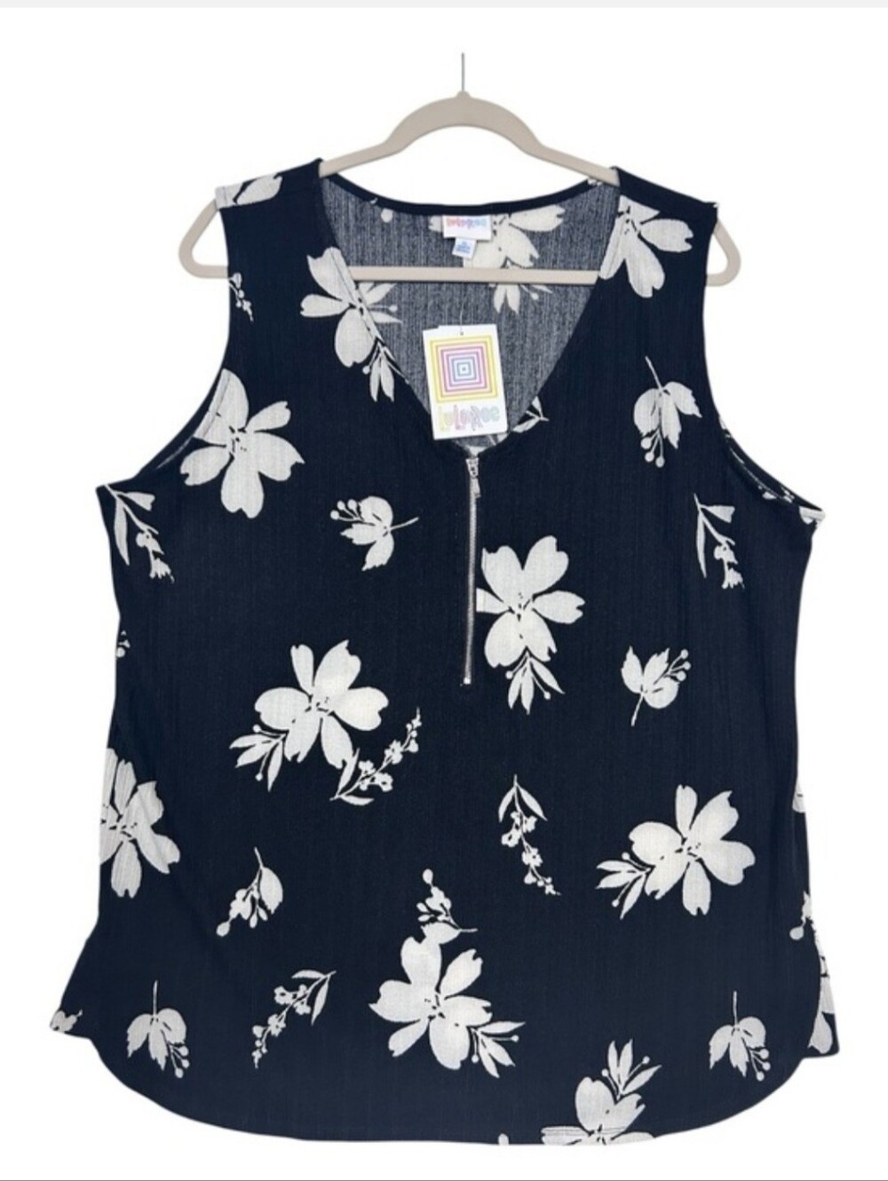 LuLaRoe Rachel Black Floral Zip Tank Top Sleeveless Shirt Womens Size XL NWT